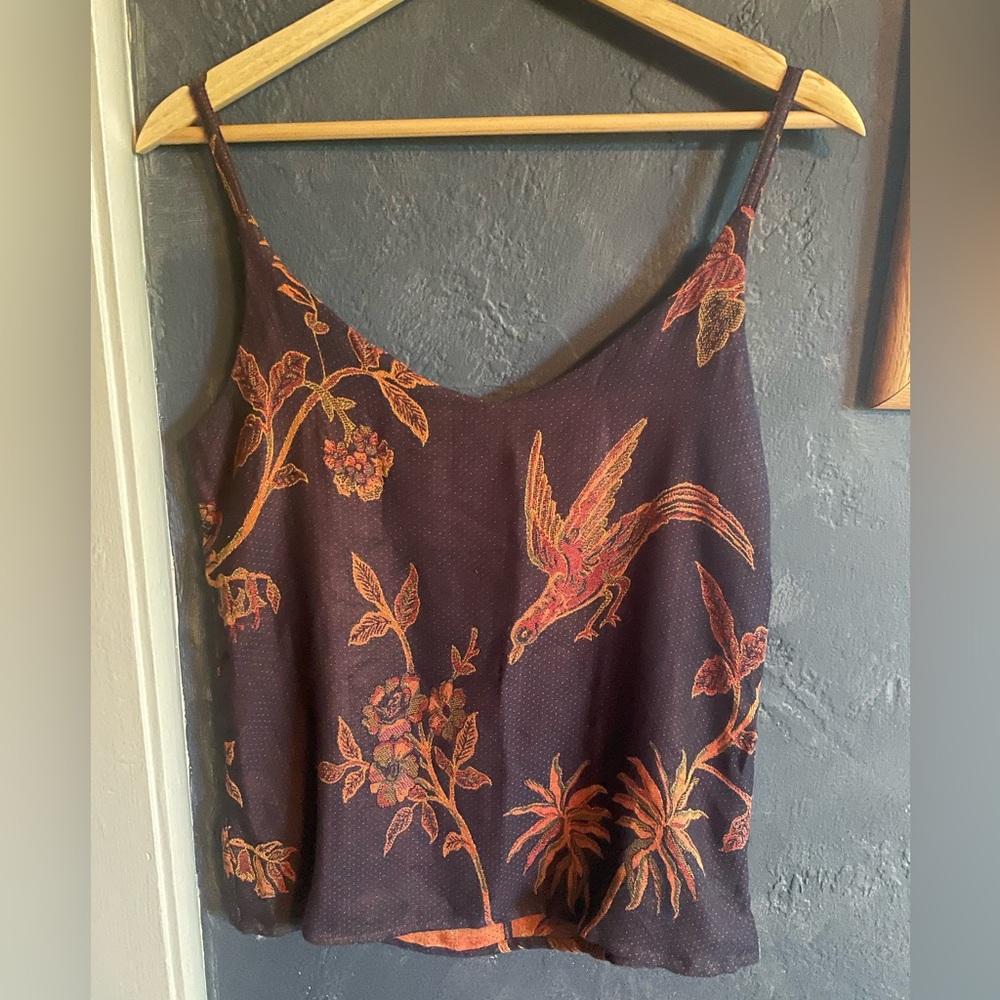 Floral Bird Print Silk Camisole - Dark Plum
